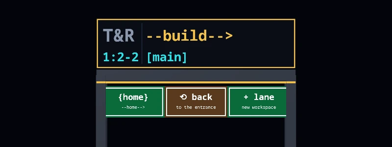 The exit gantry of the same road: the same T&R --build--> board now reading 1:2-2, above three panels reading home, back to the entrance, and plus lane new workspace