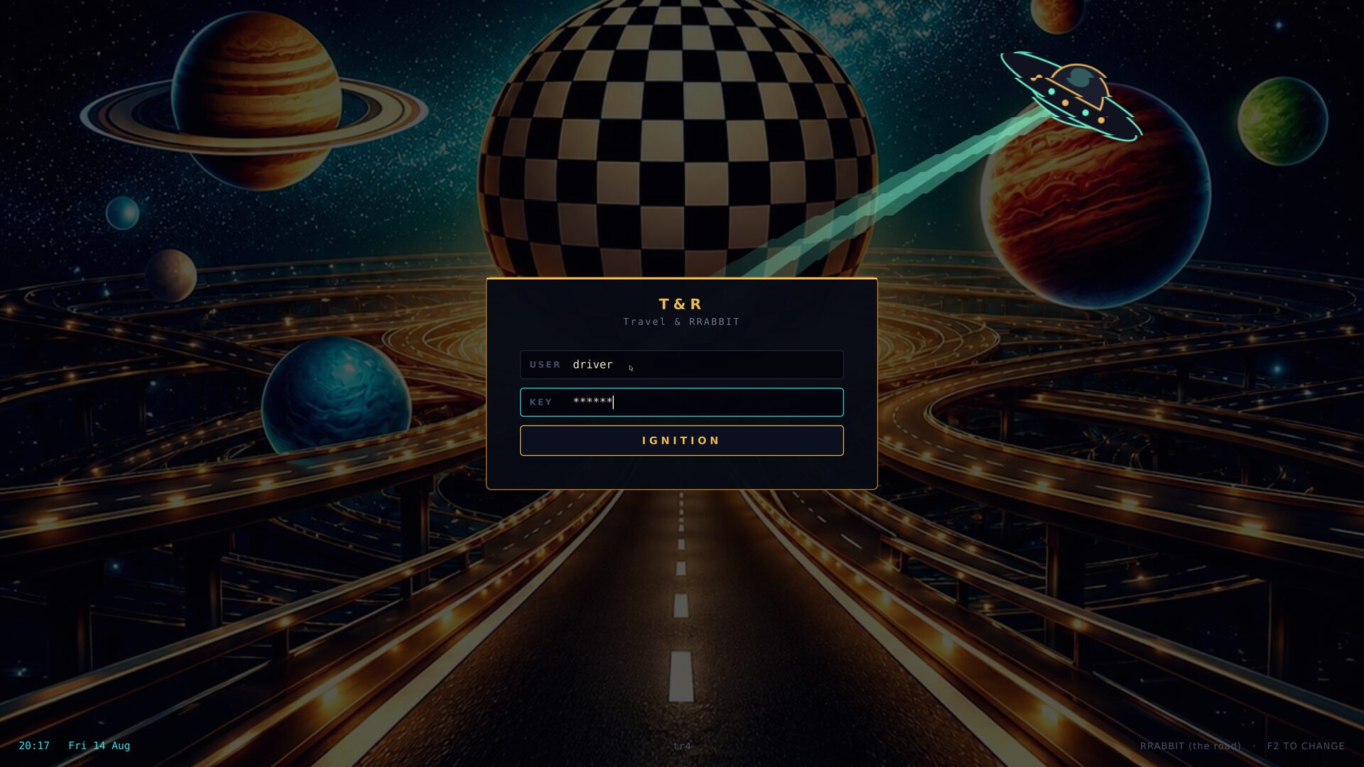 The Travel & RRABBIT login screen: a checkered planet over an interchange of glowing roads, with a small instrument panel reading T & R, Travel & RRABBIT, and fields for USER and KEY above an IGNITION button